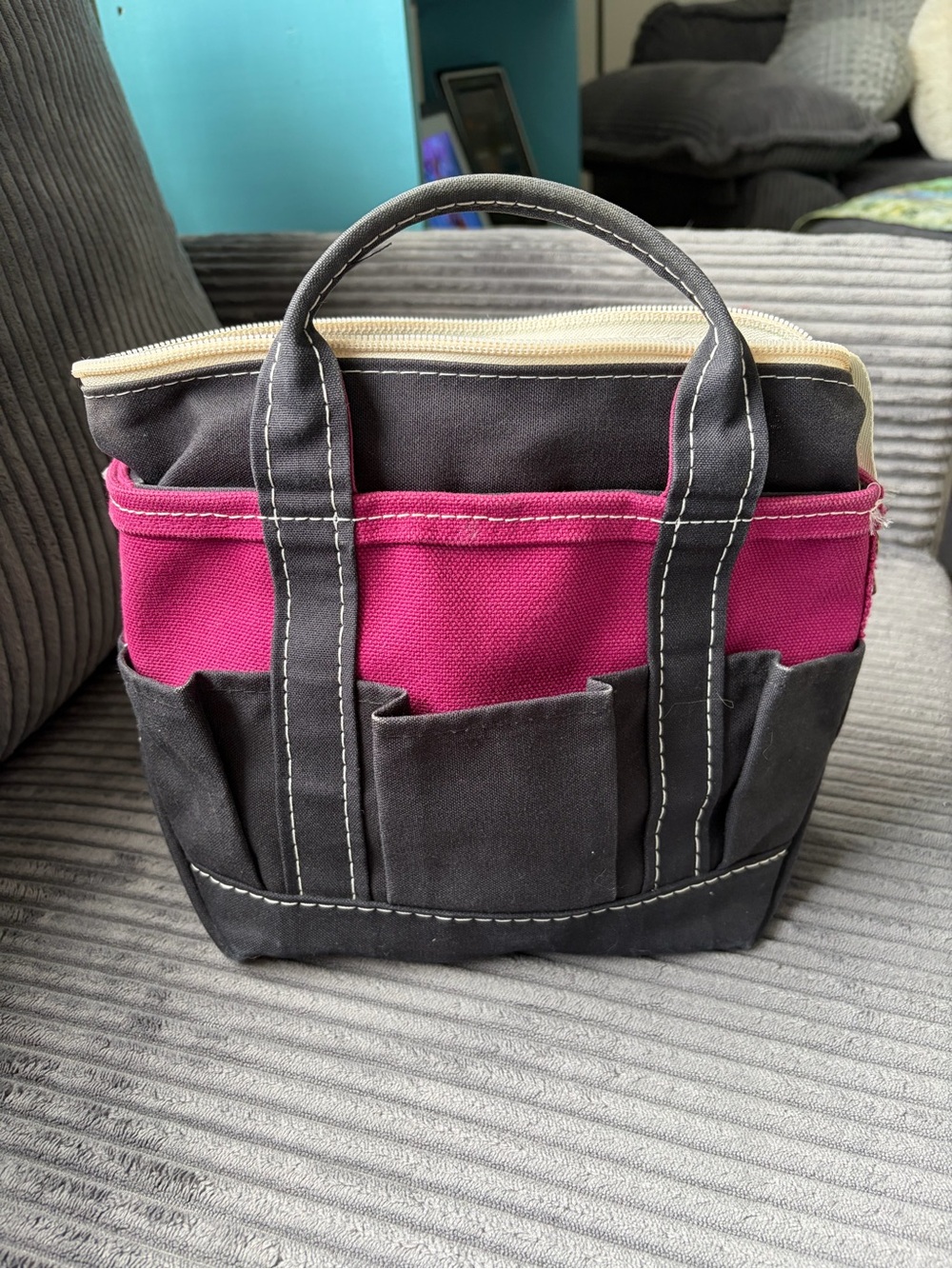 LL Bean Mini Canvas Garden Tool Tote - Navy/Maroon with zipper